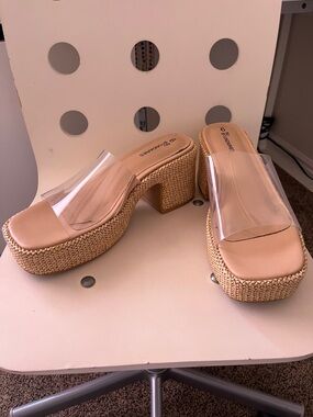 Clear Strap Woven Platform Mules